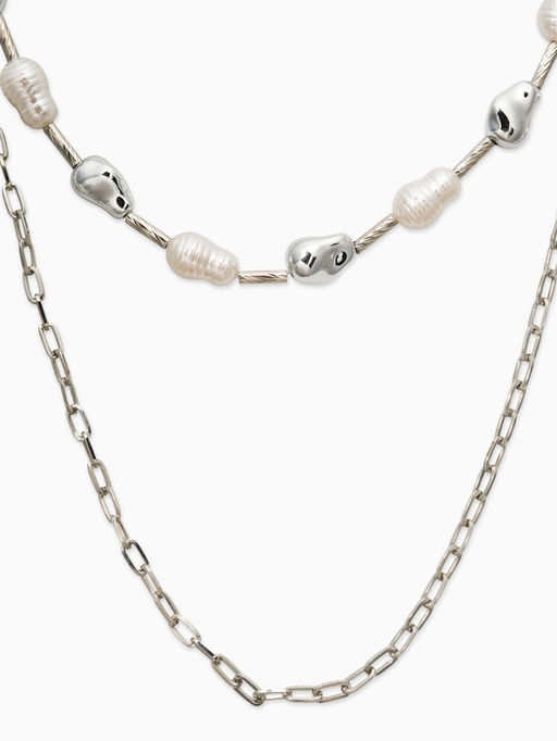 Колье "Жемчуг" борокко, цепь, удлиненное, 2 яруса, цвет белый в серебре