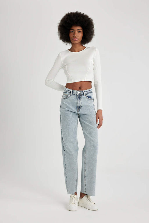 Приталенная футболка с длинными рукавами и круглым вырезом в рубчик - Defacto фото 2