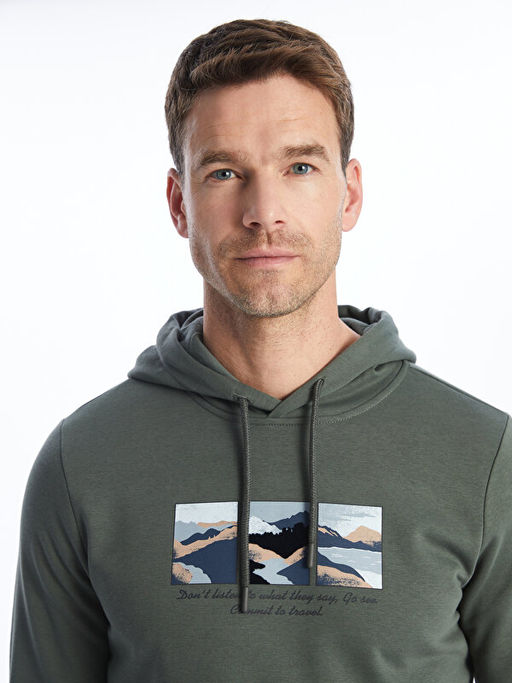 Uzun Kollu Bask?l? Erkek Hoodie