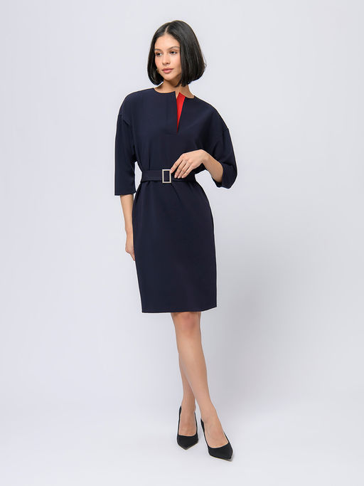 Платье синего цвета длины миди с красной вставкой и рукавами 3/4 - 1001dress фото 2