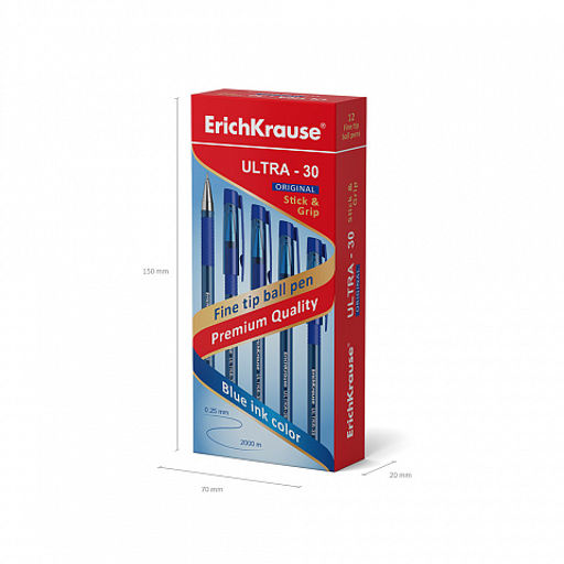 Цена за 12 шт. Ручка шариковая ErichKrause ULTRA-30 Stick&Grip Original 0.7, Super Glide Technology, цвет чернил синий (в коробке по 12 шт.)  фото 5