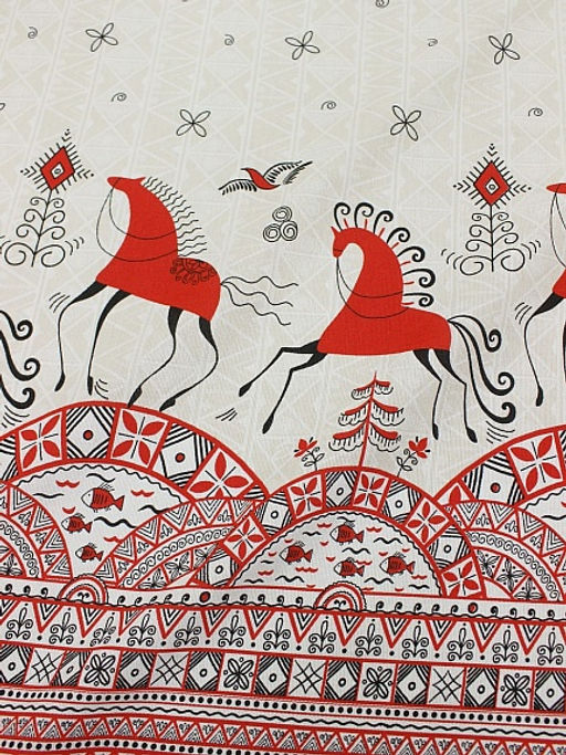 Рогожка Мезенская роспись - кони, ш.1.5м, хлопок-100%, 165гр/м.кв - Купава фото 2