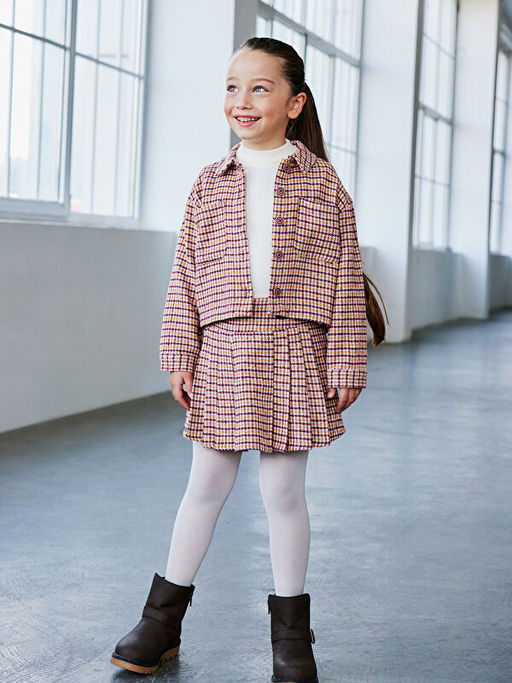 Uzun Kollu Crop Ekose Desenli K?z ?ocuk Ceket