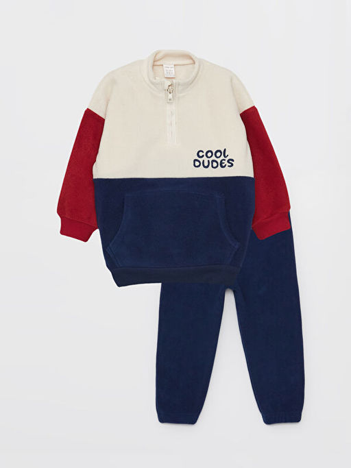 Dik Yaka Uzun Kollu Renk Bloklu Polar Erkek Bebek Sweatshirt ve E?ofman Alt 2li Tak?m