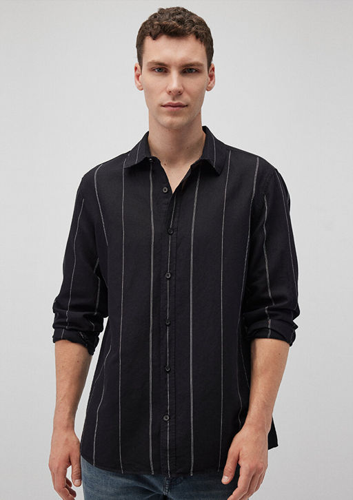 Cizgili Siyah Gomlek - Mavi фото 2