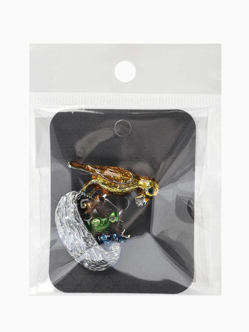 Брошь «Птица с  птенцами» гнездо, цветная в серебре