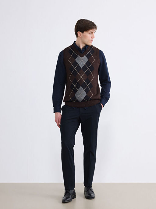 V Yaka Baklava Desenli Erkek Triko Kazak