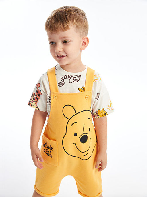 Bisiklet Yaka K?sa Kollu Winnie the Pooh Bask?l? Erkek Bebek Ti??rt ve Salopet 2li Tak?m - Waikiki фото 3