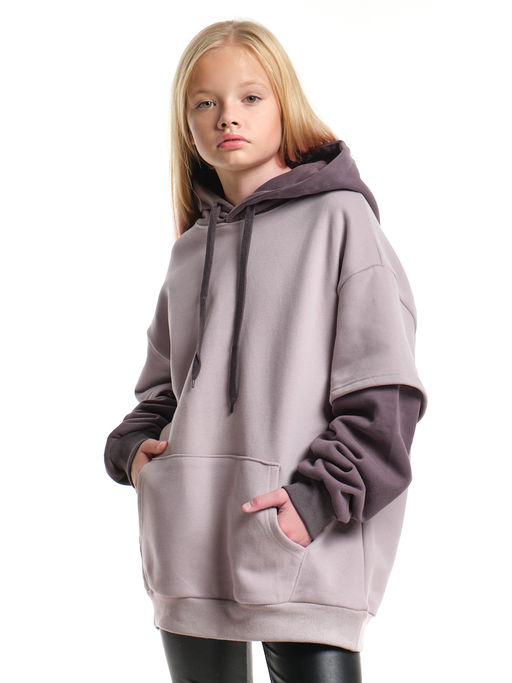 Худи джемпер с начесом с комбинированными рукавами 33-7481 беж/кофе - Mini maxi фото 4