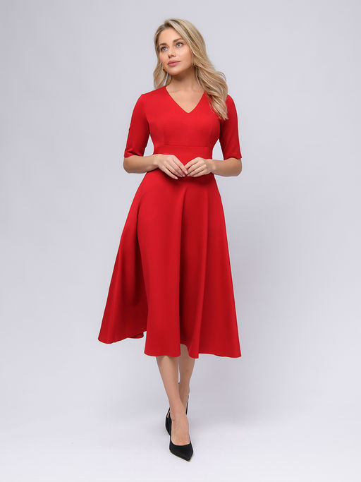 Платье красное длины миди с глубоким вырезом и рукавами 1/2 - 1001dress фото 2