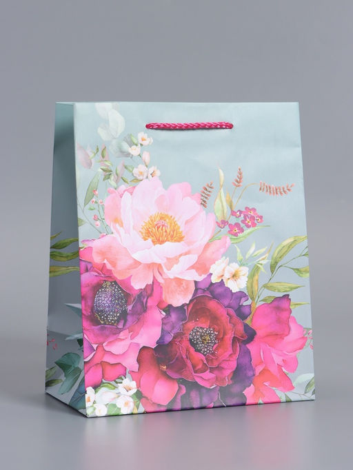 Пакет подарочный ламинированный «Цветочный комплимент», серый с розовым, 18×22.3×10 см