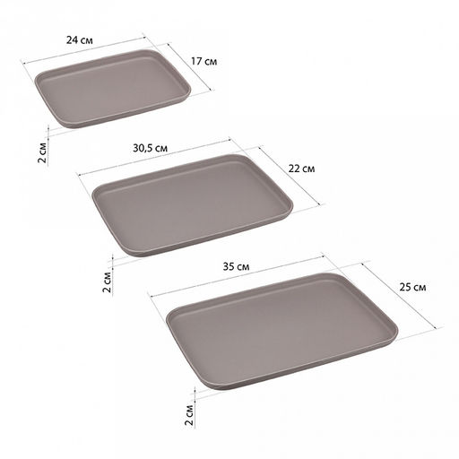 Поднос пластмассовый, набор 3шт: 24х17х2см, 30,5х22х2см, 35х25х2см, французский серый (Россия)