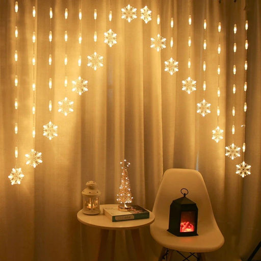 Гирлянда для дома БАХРОМА 2,5м*1/0,1м 136 ламп LED, с насадками Снежинка, 8 реж,IP-20, Теплый белый (возможность соединения)
