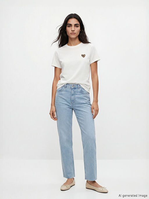 Bisiklet Yaka Leoparl? Kalp Bask?l? Kad?n Ti??rt