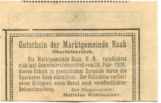 10 геллеров 1920 года Австрия Рааб (нотгельд)