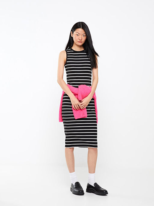 Bisiklet Yaka ?izgili Kad?n Bodycon Elbise