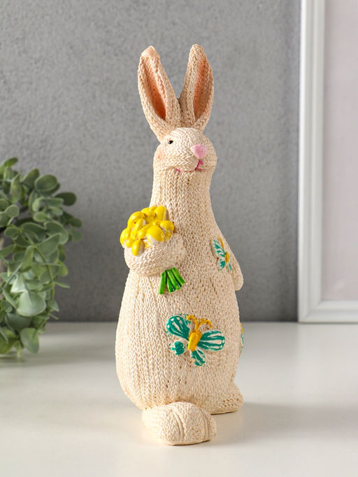 Фигурка полистоун Зайка вязанный с букетом цветов, 8?10.5?23 см