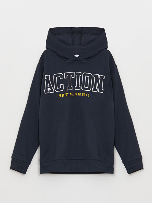 Bask?l? Uzun Kollu Erkek ?ocuk Hoodie - Waikiki фото 3