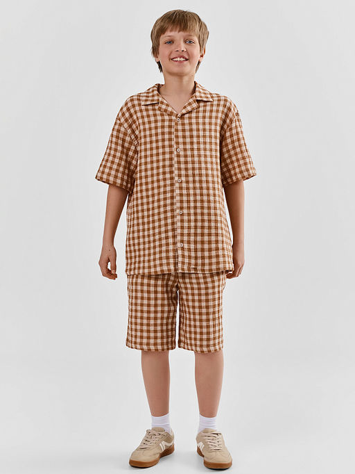 Рубашка для мальчиков коричневая в клетку прямого кроя - Mark formelle фото 3