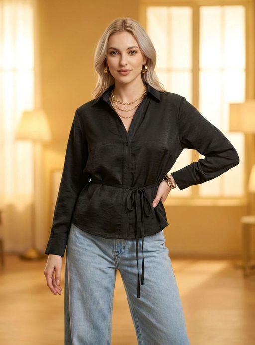 K13517 Рубашка с поясом (атлас) ЧЕРНЫЙ