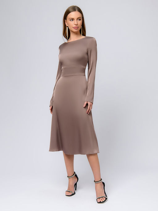 Платье цвета мокко длины миди с длинными рукавами и цепочками на спине - 1001dress фото 5
