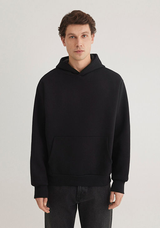 Kapusonlu Siyah Basic Sweatshirt - Mavi фото 3