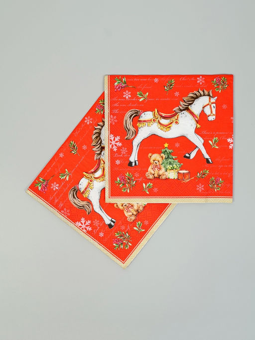 Цена за 3 шт. Салфетки бумажные трёхслойные «Новогодняя лошадка. Красный фон», 33×33, 20 шт.