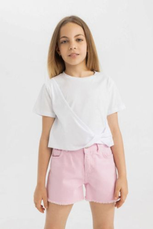 K?z Cocuk Relax Fit Bisiklet Yaka Basic Duz K?sa Kollu Tisort