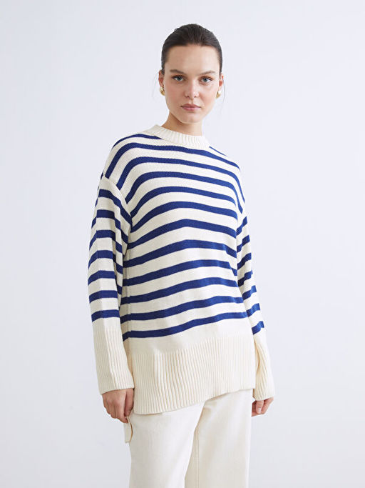 Bisiklet Yaka ?izgili Oversize Kad?n Triko Kazak