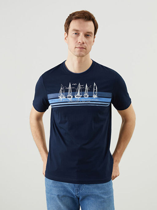 Bisiklet Yaka K?sa Kollu Bask?l? Penye Erkek Ti??rt