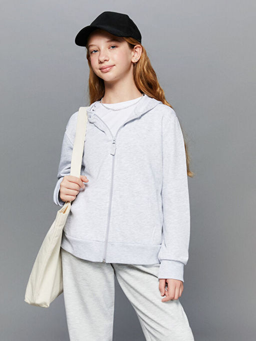 Kap??onlu Basic Uzun Kollu K?z ?ocuk Fermuarl? Sweatshirt