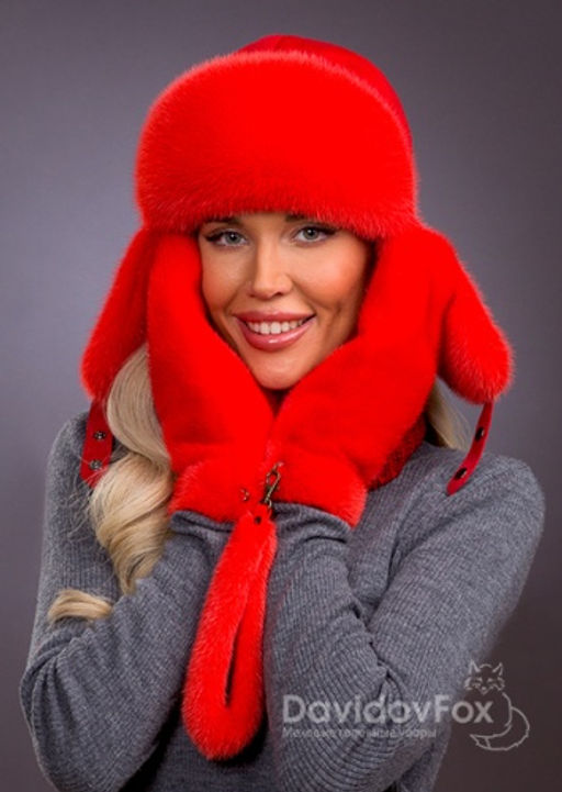 Комплект ушанка трикотаж норка алая, варежки