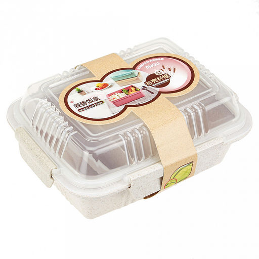 Ланч-бокс для продуктов пластмассовый Эко дом 20,5х15,5см h8,5см, 2 отделения 0,9л, с ложкой 13см, крышка прозрачная, с клипсами, с уплотнителем, цвета в ассортименте: бежевый, розовый, голубой (Китай) Пластик с добавлением пшеничных волокон. - Домашняя мода фото 6