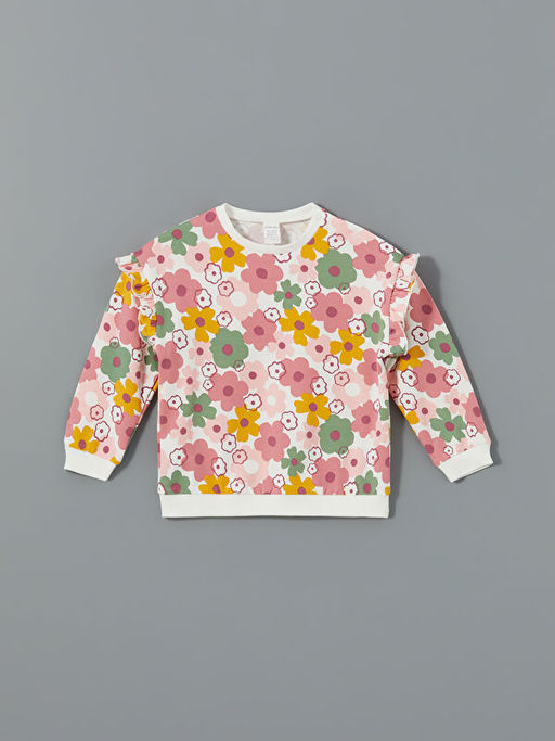 Bisiklet Yaka ?i?ekli K?z Bebek Sweatshirt ve E?ofman Alt 2li