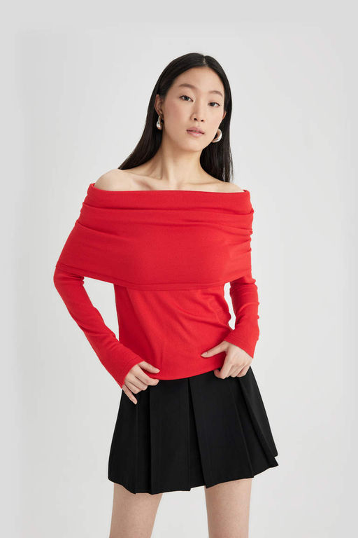 Приталенный свитер с открытыми плечами - Defacto фото 3