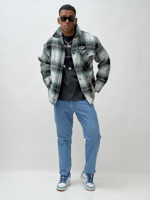 Куртка рубашка шерстяная в клетку мужская демисезонная зеленого цвета 58592Z