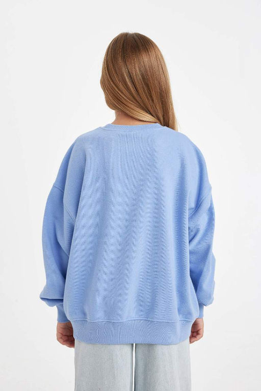 Синий свитшот оверсайз с широким кроем и круглым вырезом для девочек с принтом и надписью - Defacto фото 6