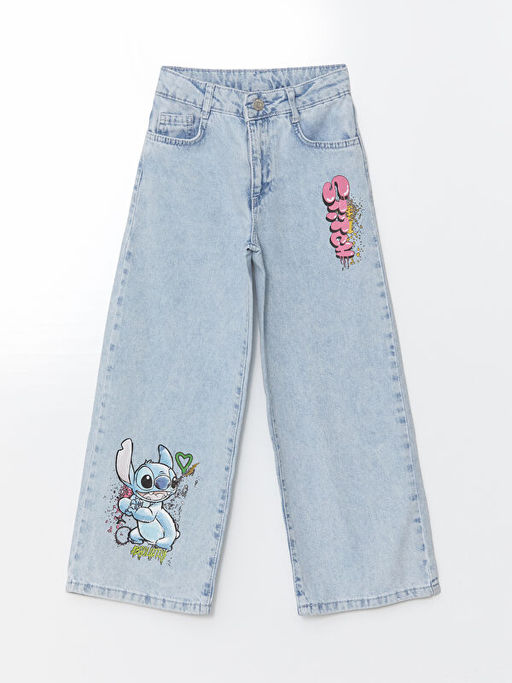 Beli Ayarlanabilir Lastikli Lilo ve Stitch Bask?l? K?z ?ocuk Jean Pantolon