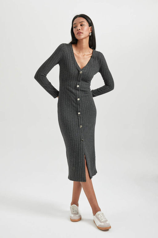 Облегающее платье миди в рубчик с V-образным вырезом и длинными рукавами - Defacto фото 3