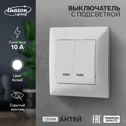 Выключатель Luazon Lighting «Антей», 10 А, 2 клавиши, скрытый монтаж, с подсветкой, белый