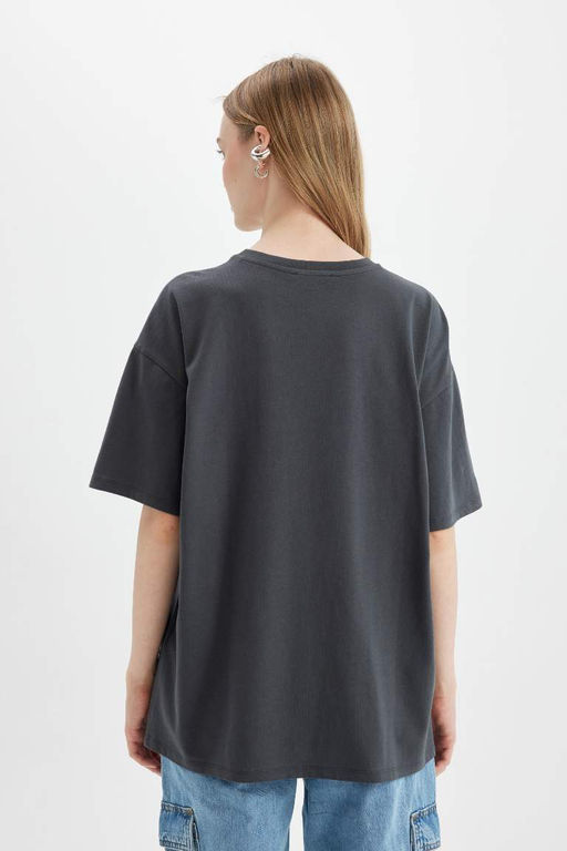 Широкая футболка с короткими рукавами и круглым вырезом оверсайз с принтом - Defacto фото 6