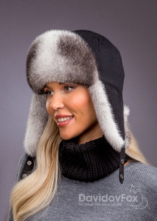 Ушанка норка трикотаж черно-светлая