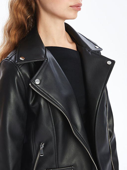 Biker Yaka Kad?n Deri G?r?n?ml? Ceket