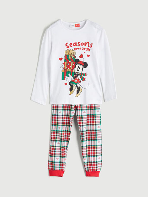 Bisiklet Yaka Mickey Mouse Bask?l? K?z ?ocuk Pijama Tak?m?