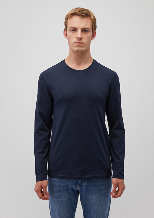 Uzun Kollu Lacivert Basic Tisort - Mavi фото 3