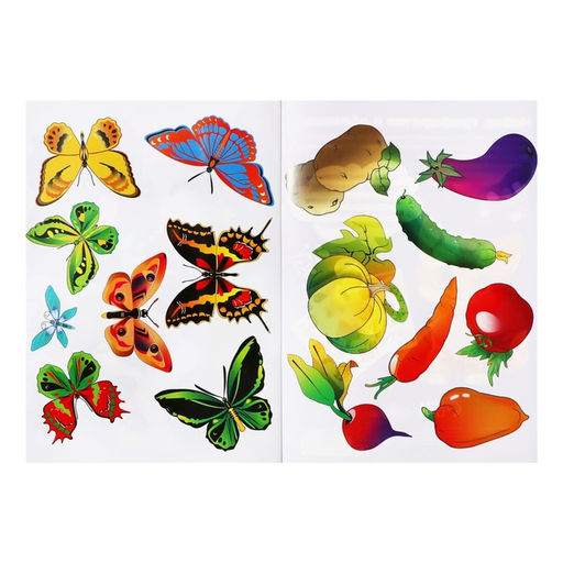 Набор трафарет - раскраска Calligrata, 6 шт.: овощи, домашние животные, цветы, бабочки, лесные звери, фрукты, для девочек