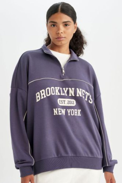 DeFactoFit NBA Brooklyn Nets Oversize Genis Kal?p Yar?m Fermuarl? Dik Yaka Sweatshirt