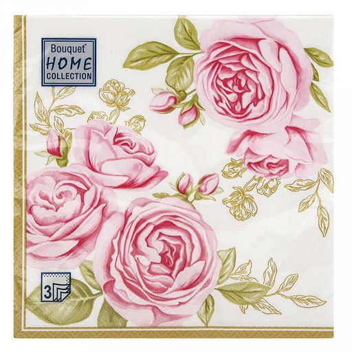 Салфетки бумажные "Bouquet Home Collection Classic" 33х33см, 3-х слойные, 20 штук в упаковке, 100% целлюлоза, "Роза с золотыми листьями" (Россия)