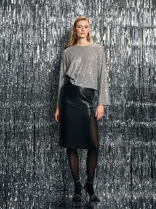 D?z Y?rtma? Detayl? Deri G?r?n?ml? Kad?n Etek