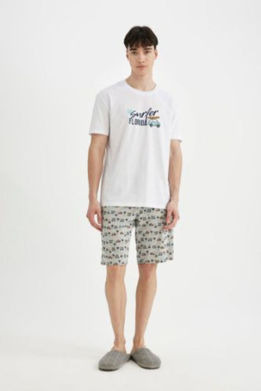 Regular Fit Bask?l? K?sa Kollu Sortlu Pijama Tak?m?